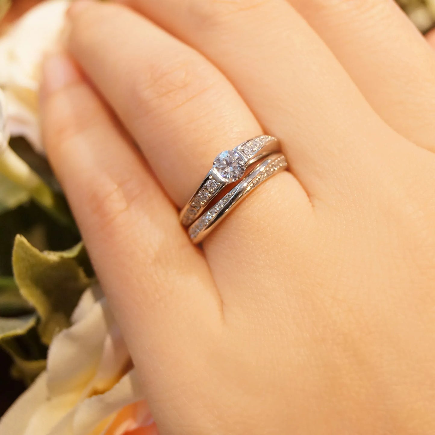 結婚指輪 プラチナダイヤモンドリング ウェーブタイプ M08FH 重ね着け